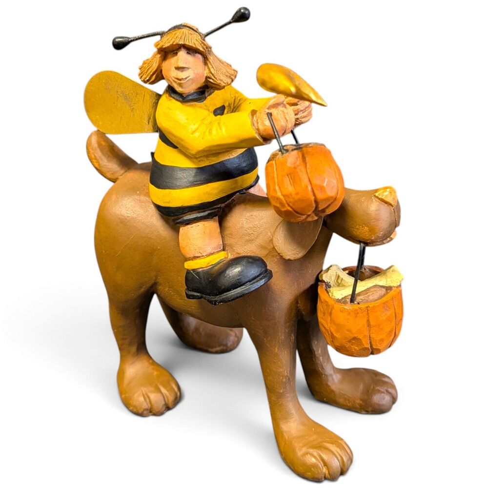 Williraye Studio WW6008 Halloween Bee Child Riding Dog Pumpkin Folk Art Figurine
